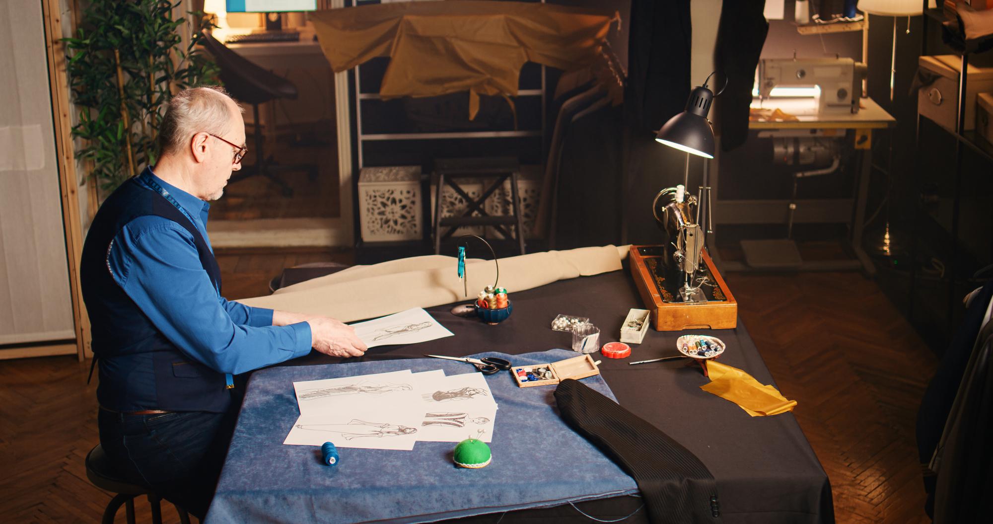 Workshop table with embroidered samples